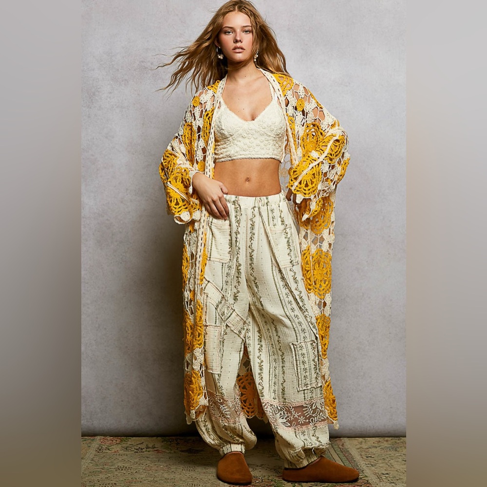 POL Yellow and White Coachella Crochet Duster Cardigan